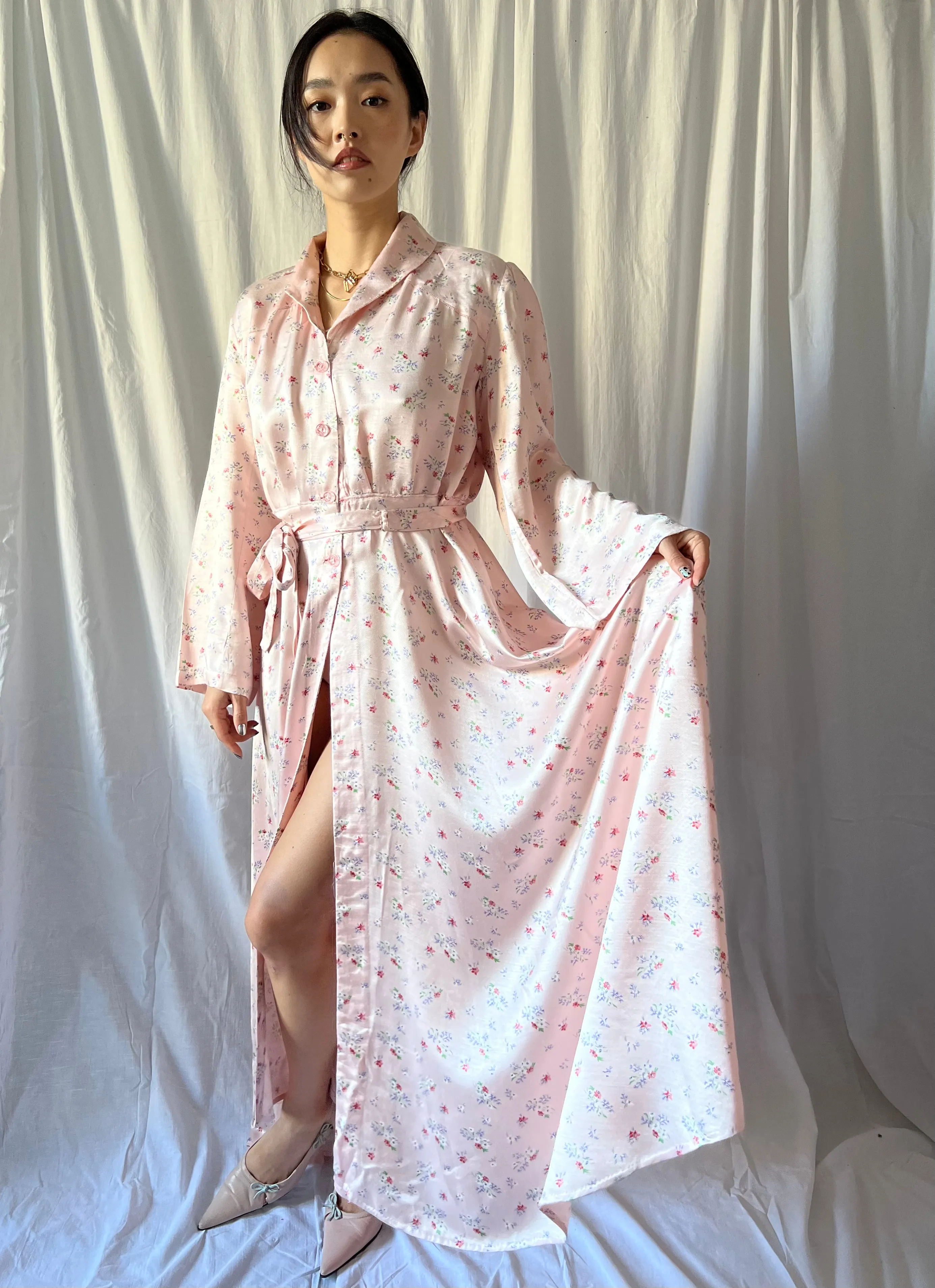 1930s floral gown robe soft pink silk satin