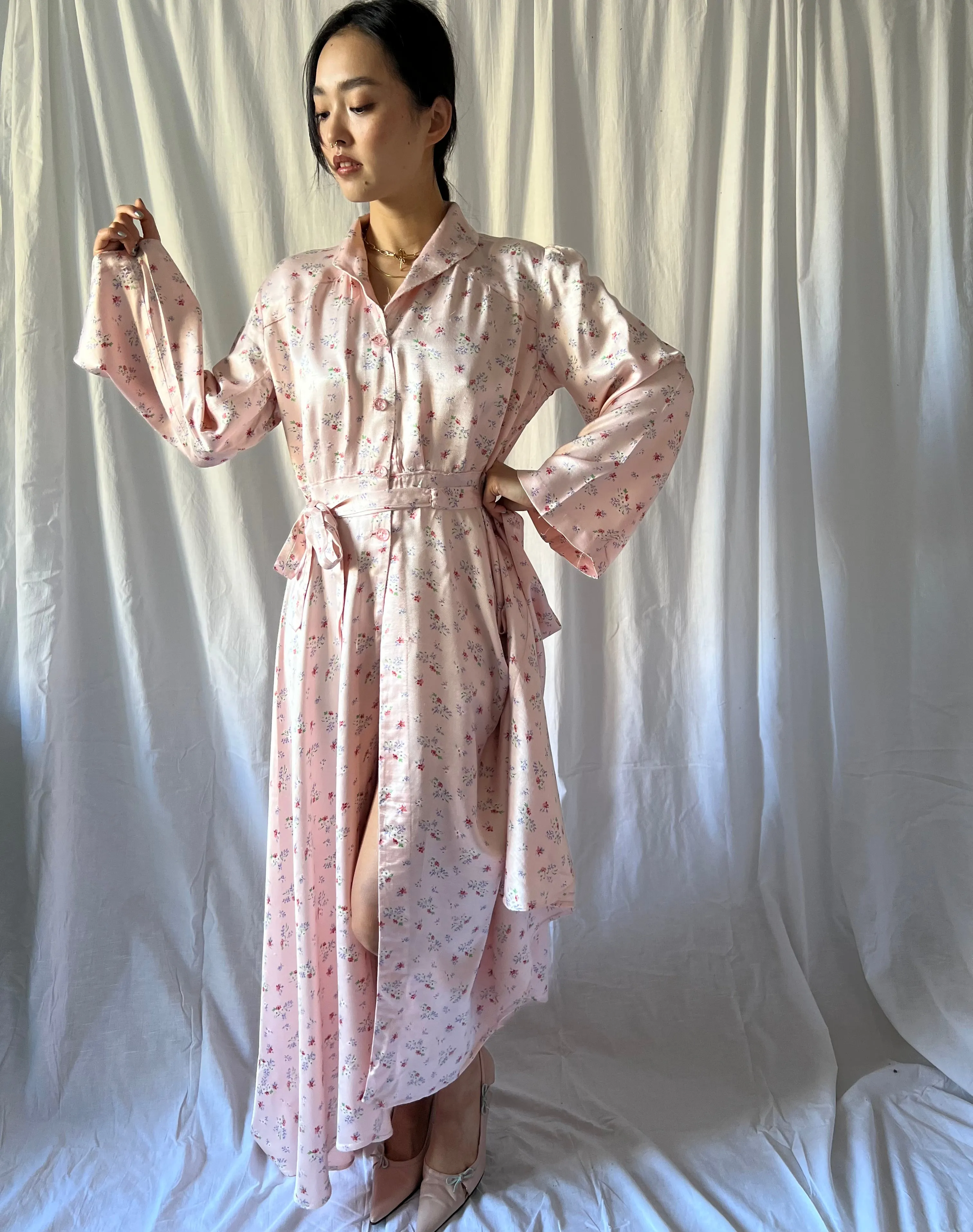 1930s floral gown robe soft pink silk satin