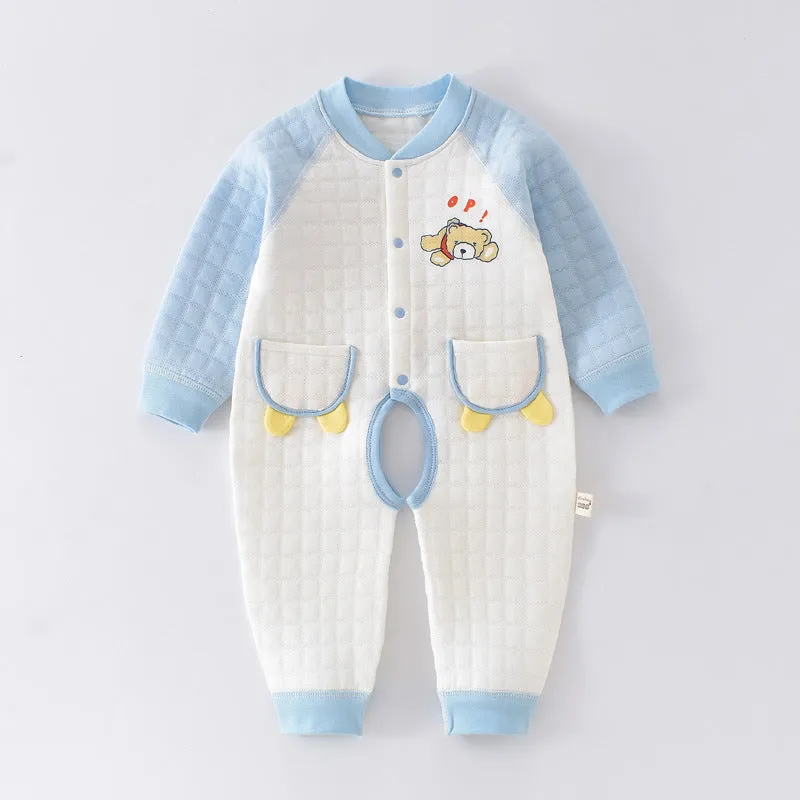 Baby autumn and winter cotton three-layer warm thickened open gear crawling suit