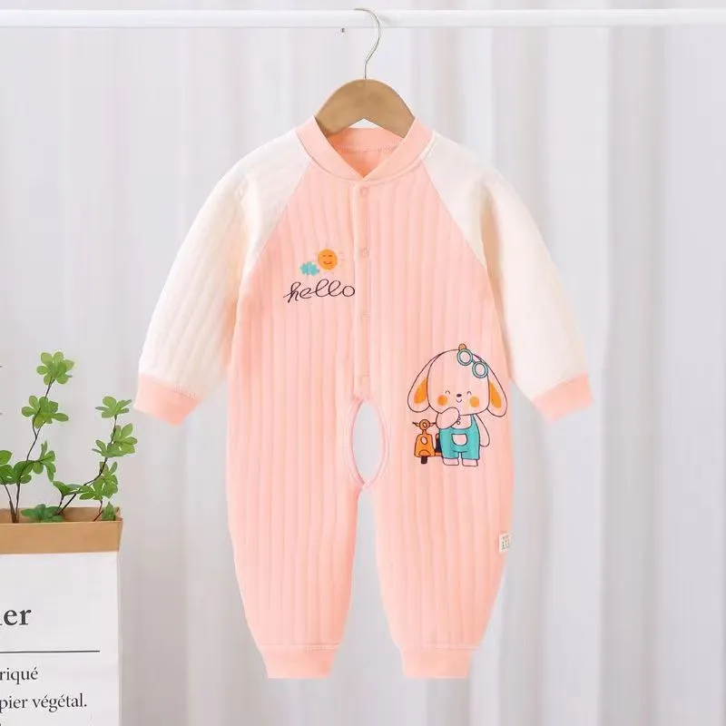 Baby autumn and winter cotton three-layer warm thickened open gear crawling suit