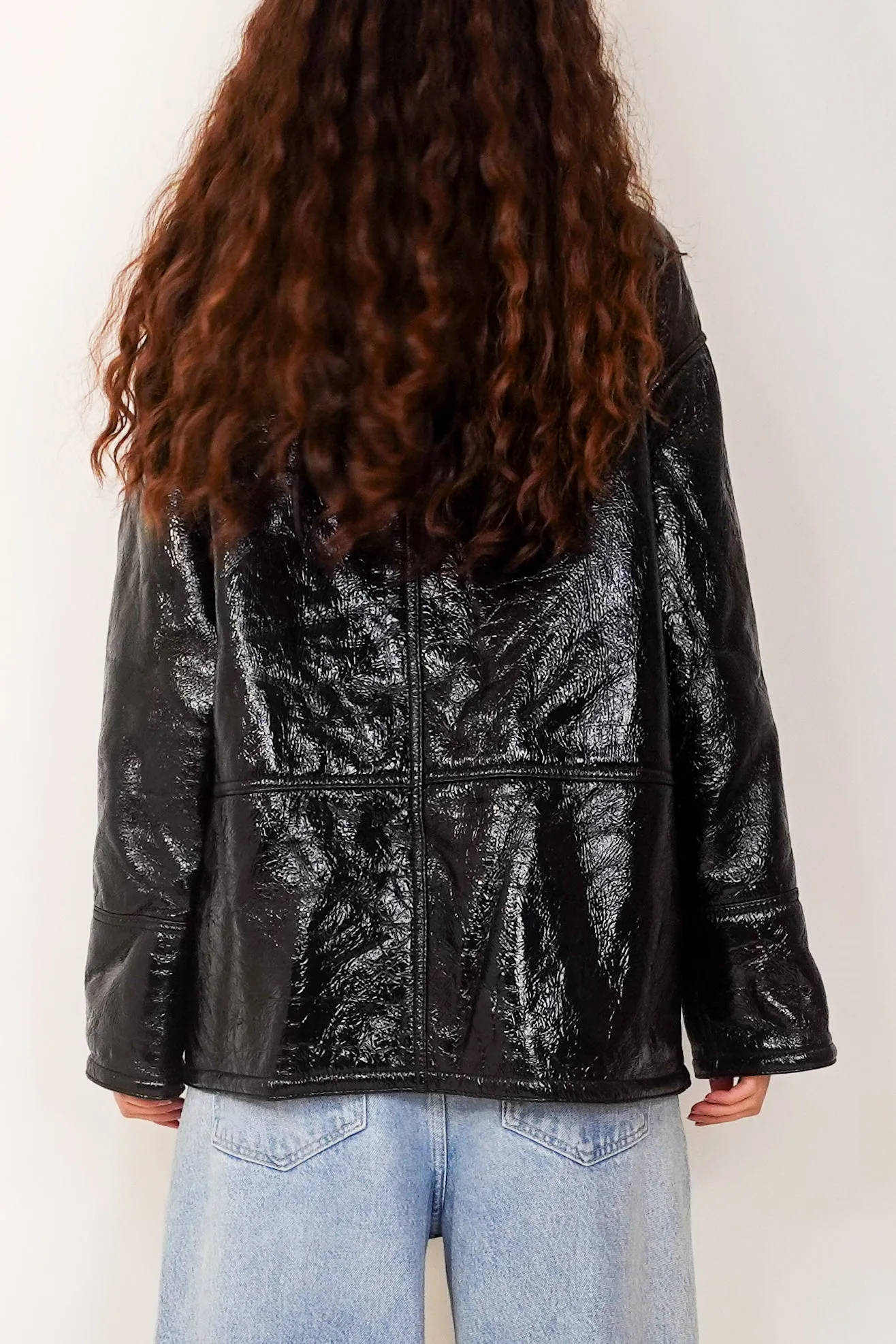 Black crinkle patent leather jacket RRP £500