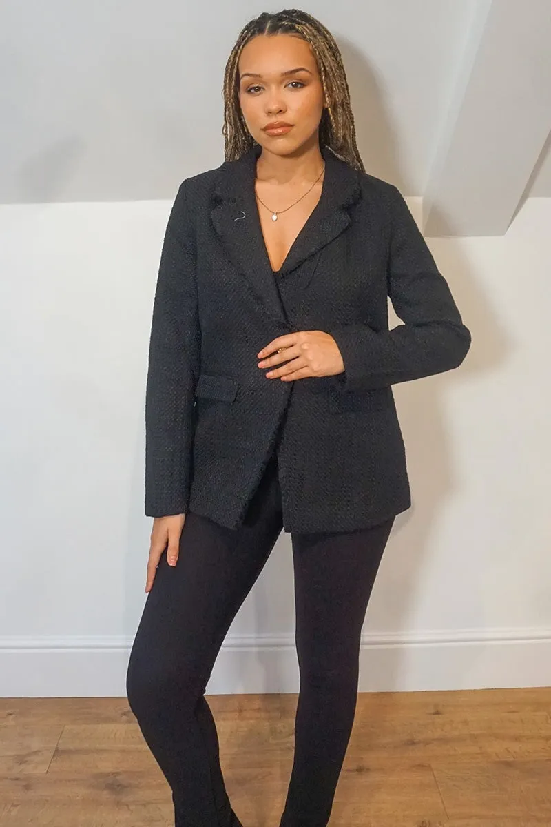 BLACK FRAYED EDGE BOUCLE BLAZER