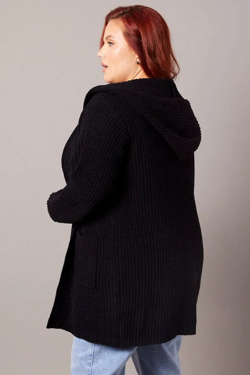 Black Knit Cardigan Hooded Longline Chenille