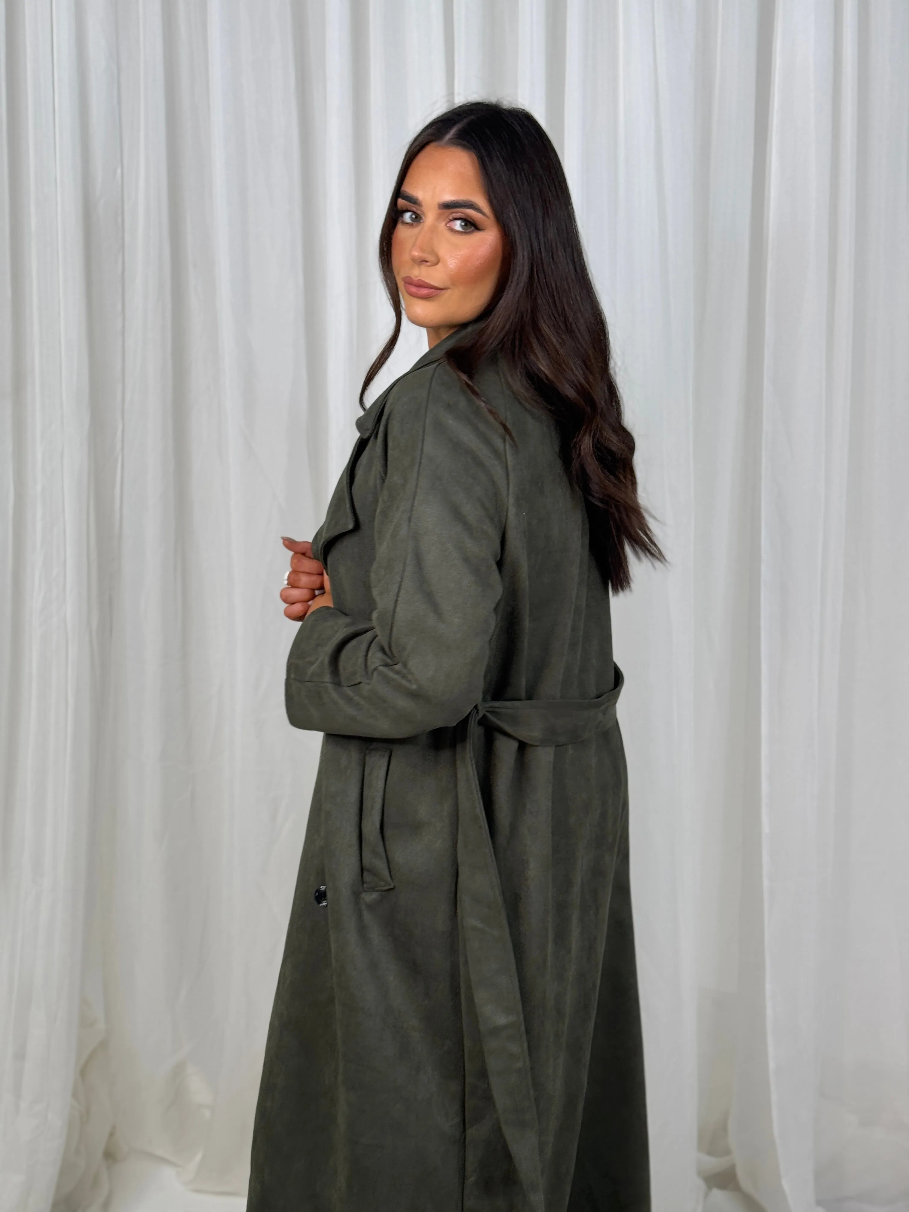 Caitlyn Faux Suede Trench Coat In Khaki