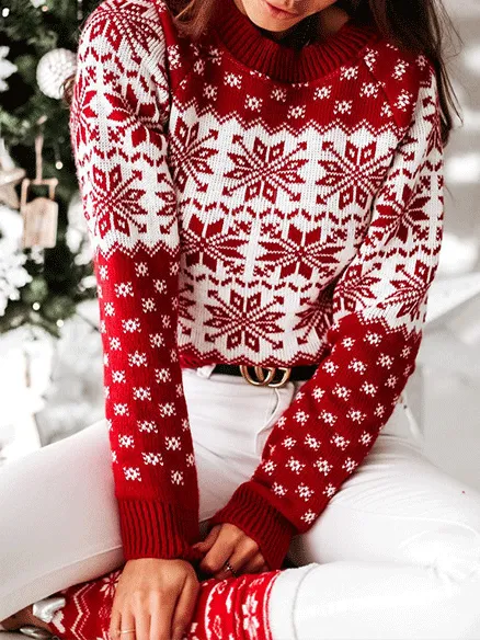 Chicmy-European and American casual women's clothing Women's Sweaters Christmas Snowflake Long Sleeve Knitted Sweater