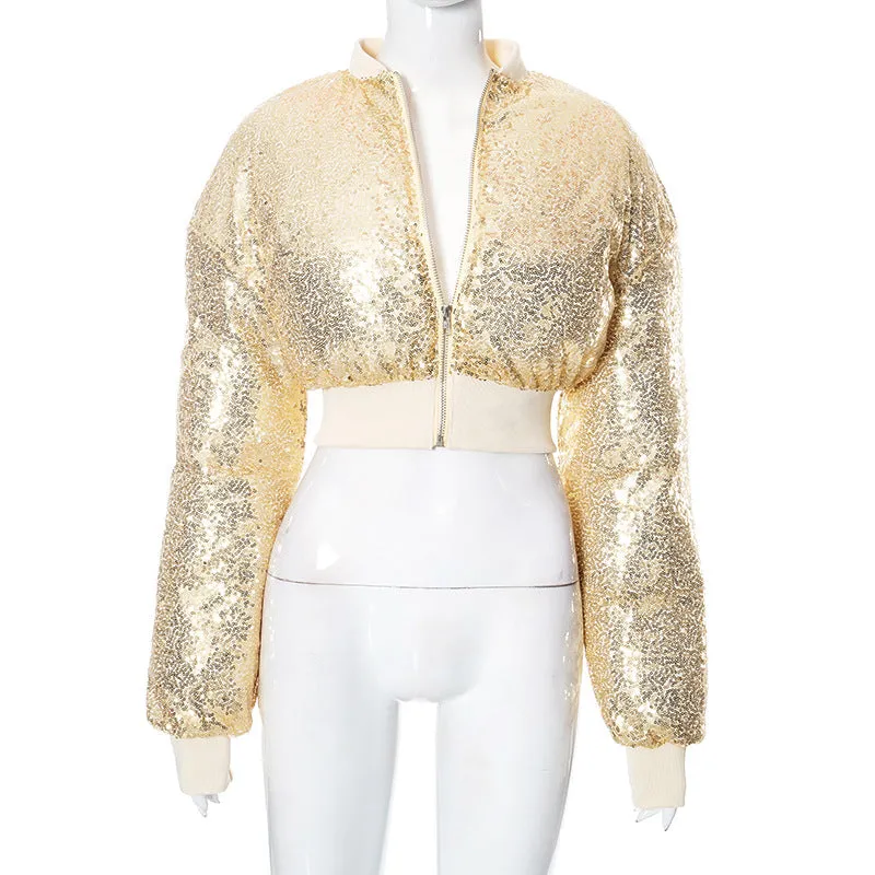 cold weather outfits Joskaa Winter Women Shiny Gold Sequins Puffer Jackets Warm Thick Bubble Coats Glitter Sequin Parkas Down Zipper Short Jackets Parkas