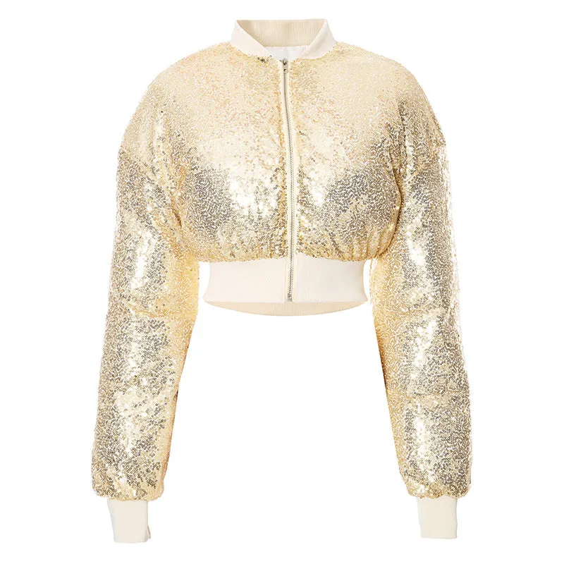 cold weather outfits Joskaa Winter Women Shiny Gold Sequins Puffer Jackets Warm Thick Bubble Coats Glitter Sequin Parkas Down Zipper Short Jackets Parkas