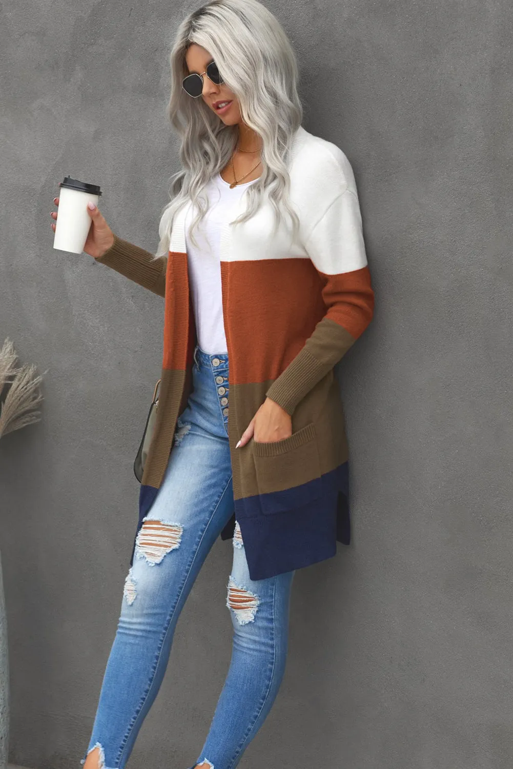 Colorblock Longline Cardigan with Pocket