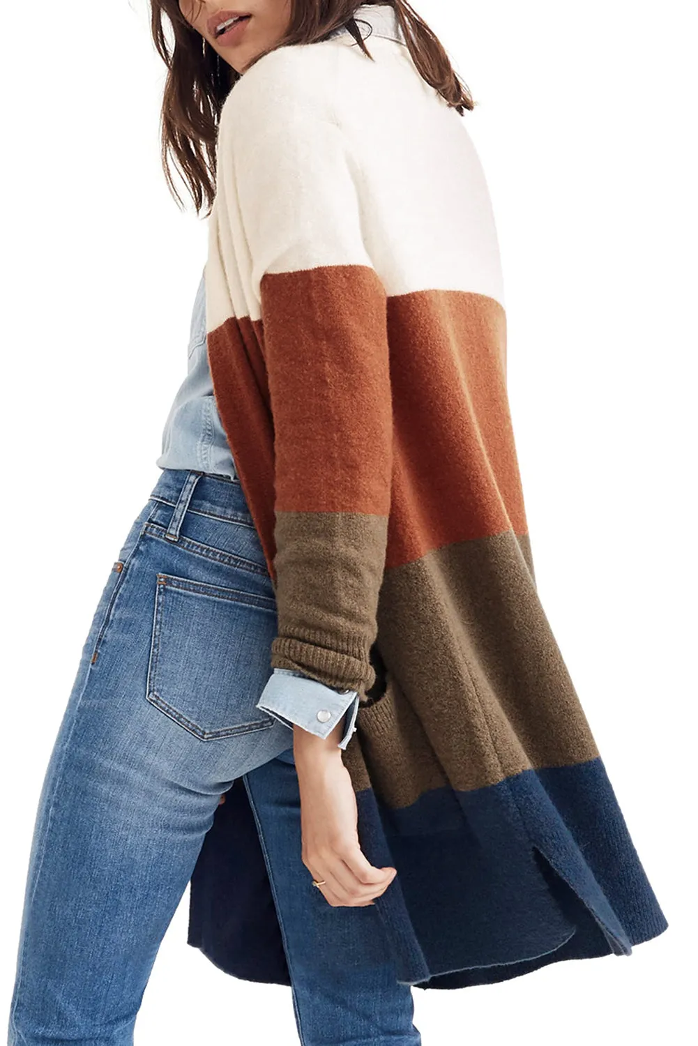 Colorblock Longline Cardigan with Pocket