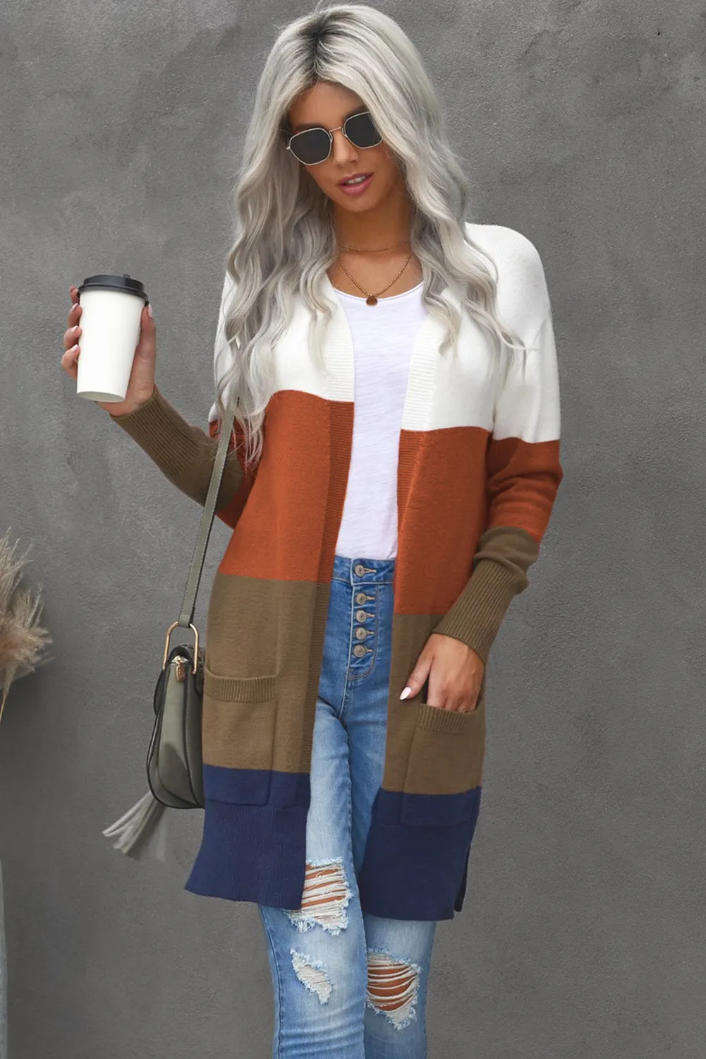 Colorblock Longline Cardigan with Pocket