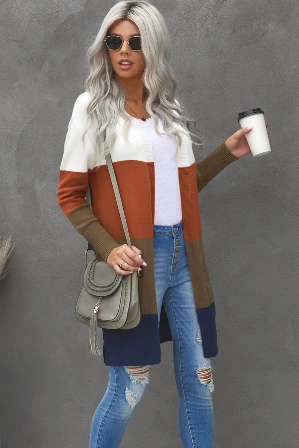 Colorblock Longline Cardigan with Pocket