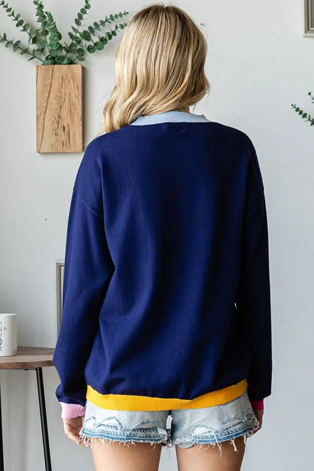 Contrast Ribbed Round Neck Long Sleeve Sweater