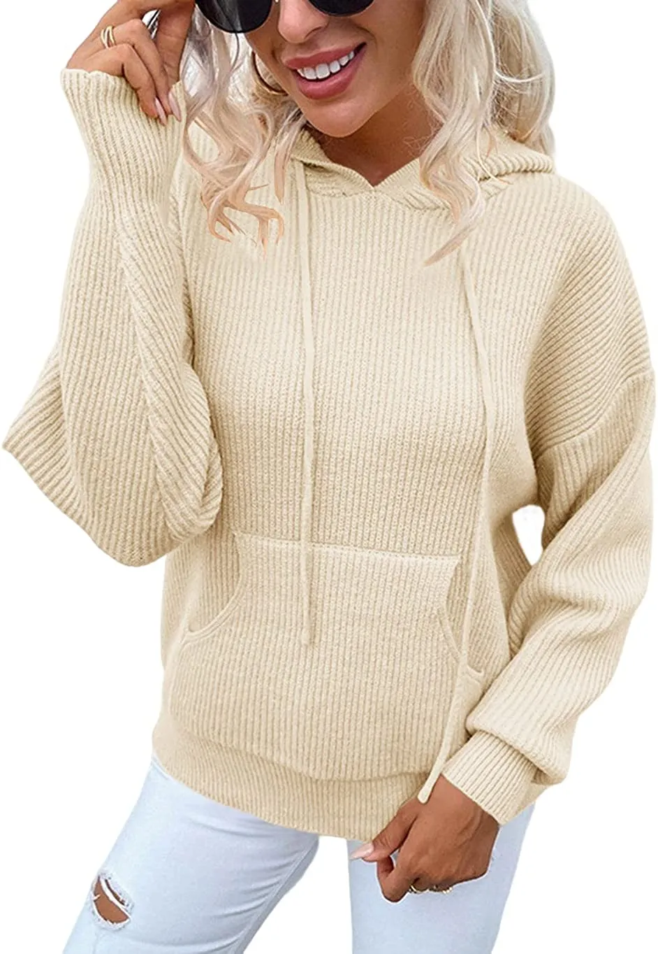 FashionSierra - Women's Rib-Knit Hooded Sweaters Cozy Drawstring Pullover with Kangaroo Pocket