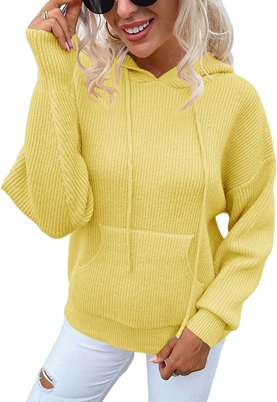 FashionSierra - Women's Rib-Knit Hooded Sweaters Cozy Drawstring Pullover with Kangaroo Pocket