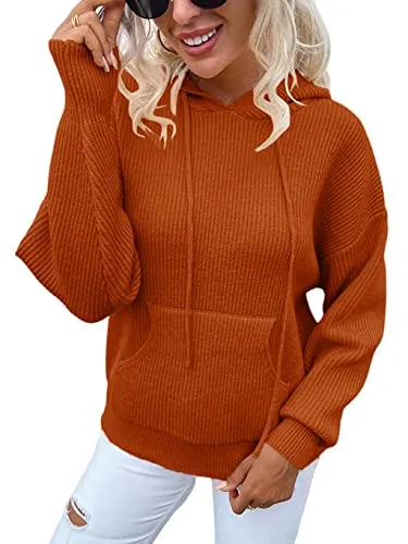 FashionSierra - Women's Rib-Knit Hooded Sweaters Cozy Drawstring Pullover with Kangaroo Pocket