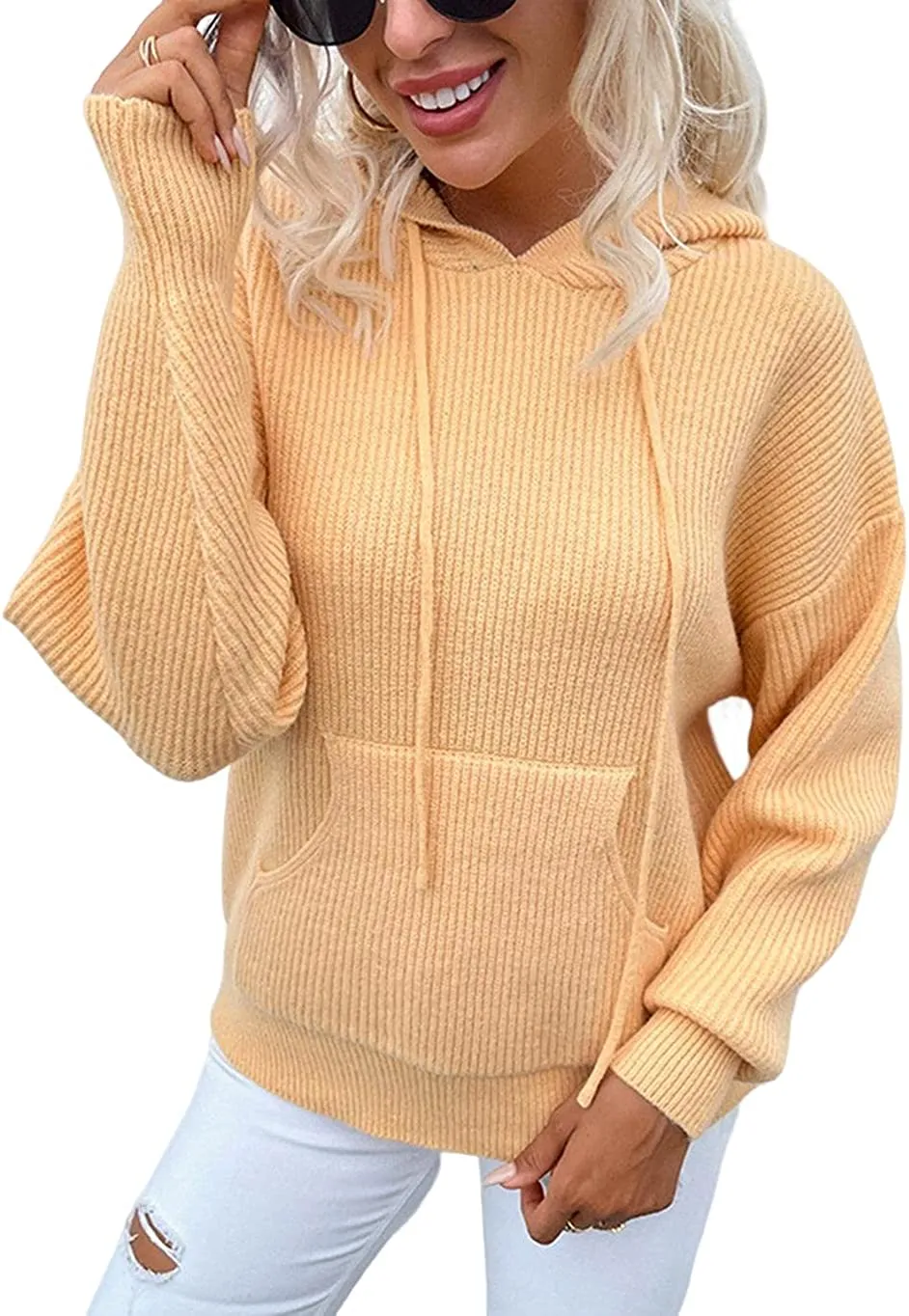 FashionSierra - Women's Rib-Knit Hooded Sweaters Cozy Drawstring Pullover with Kangaroo Pocket