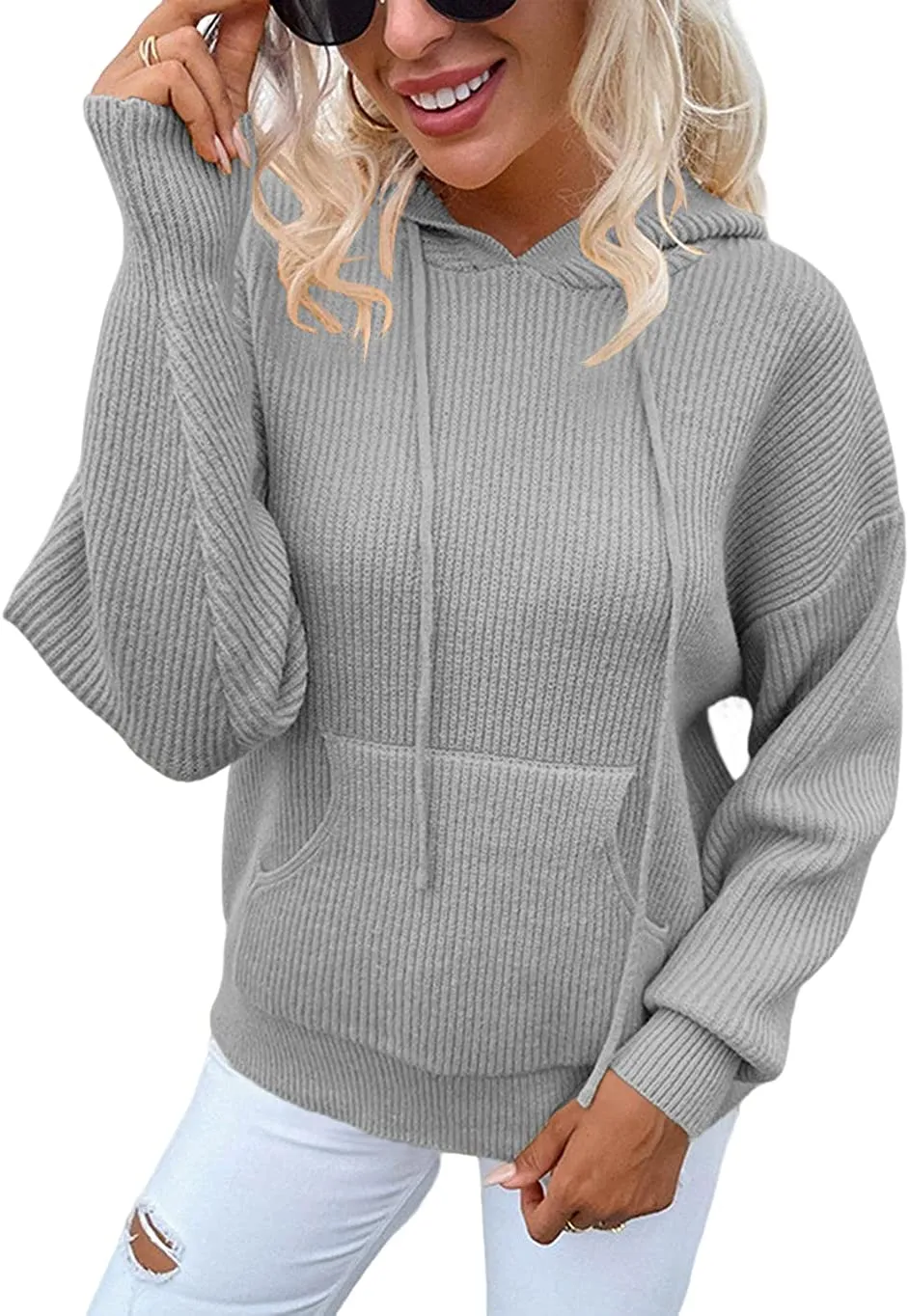 FashionSierra - Women's Rib-Knit Hooded Sweaters Cozy Drawstring Pullover with Kangaroo Pocket