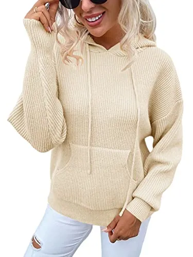 FashionSierra - Women's Rib-Knit Hooded Sweaters Cozy Drawstring Pullover with Kangaroo Pocket