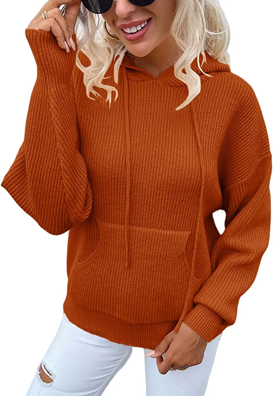 FashionSierra - Women's Rib-Knit Hooded Sweaters Cozy Drawstring Pullover with Kangaroo Pocket