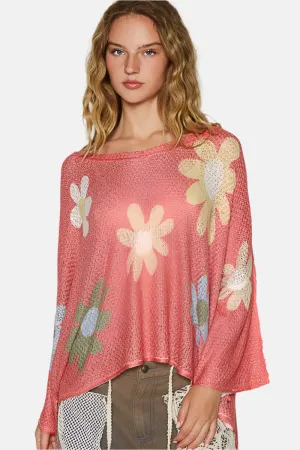 Flower Long Sleeve Knit Top Coral