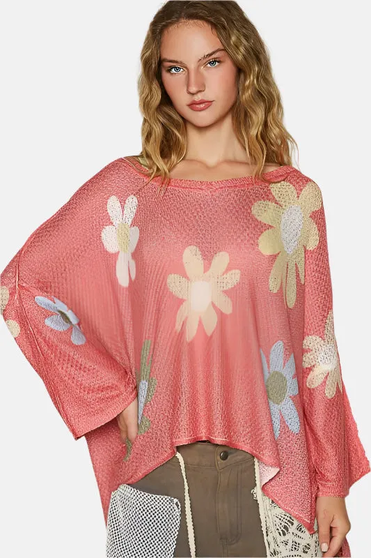 Flower Long Sleeve Knit Top Coral