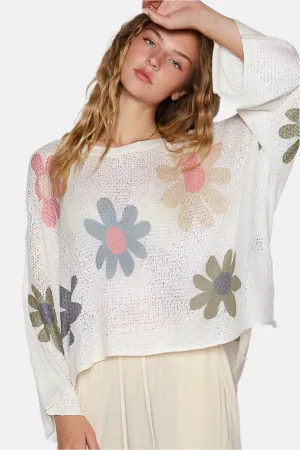 Flower Long Sleeve Knit Top White