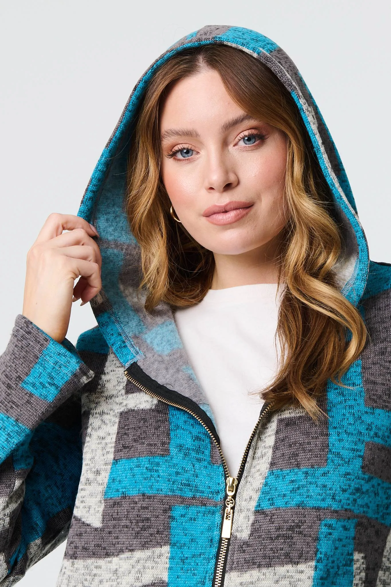 Geo Print Hooded Longline Zip-Up Jacket