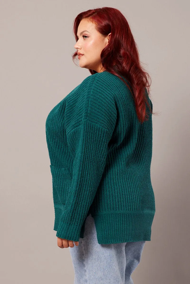 Green Knit Cardigan Longline Chenille