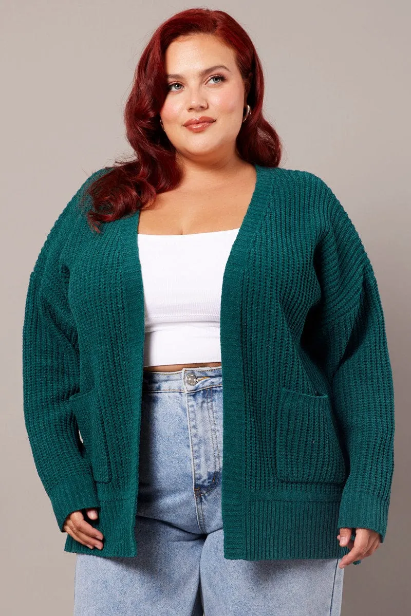 Green Knit Cardigan Longline Chenille