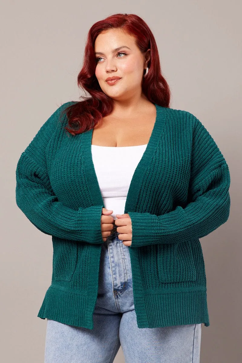 Green Knit Cardigan Longline Chenille