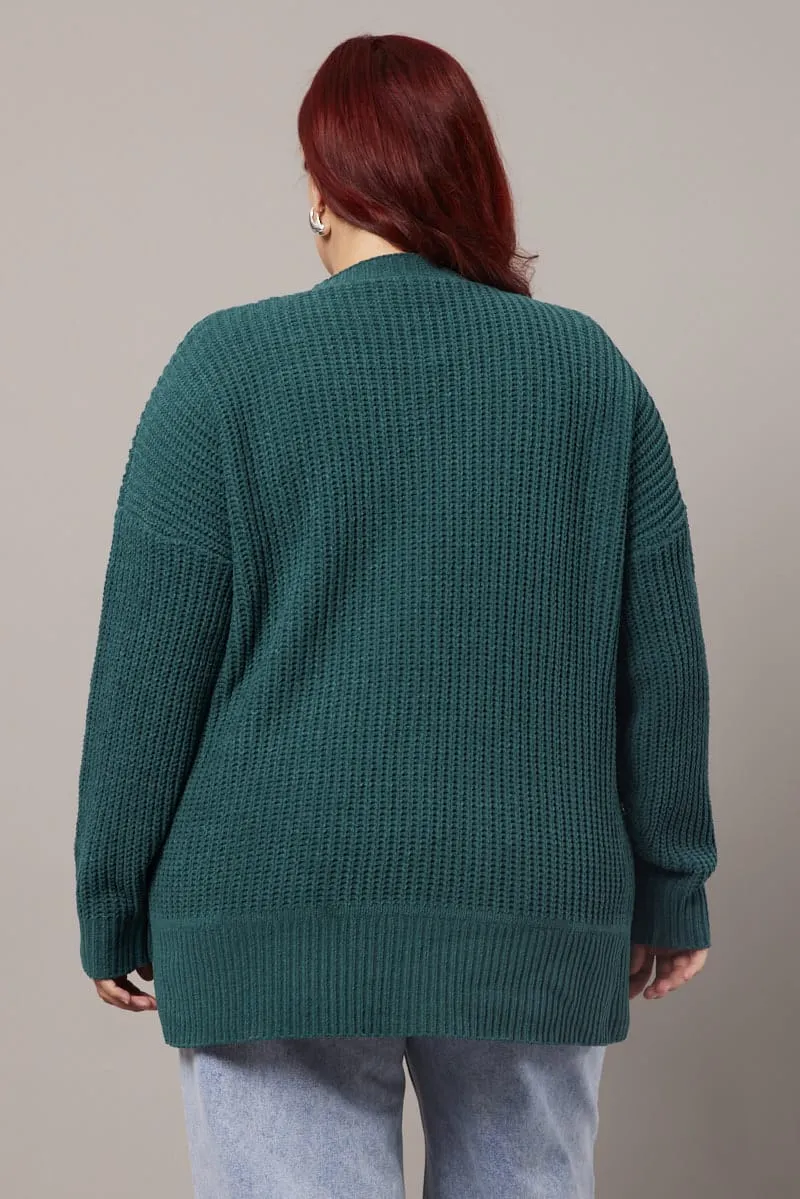 Green Knit Cardigan Longline Chenille