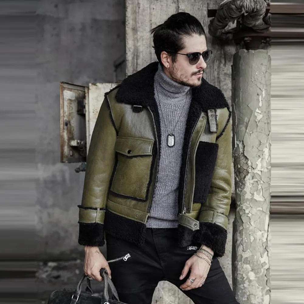 Green Mens RAF Flying Pilot Sheepskin Shearling Leather Jacket