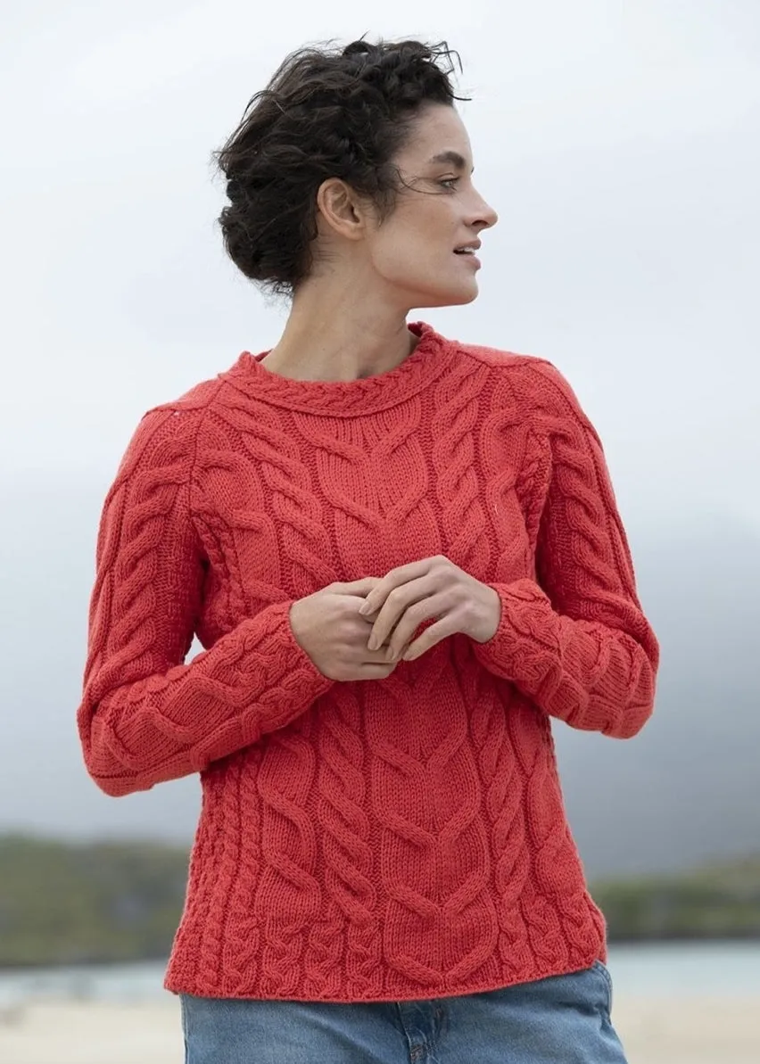 Listowel Ladies Aran Cabled Sweater | Coral