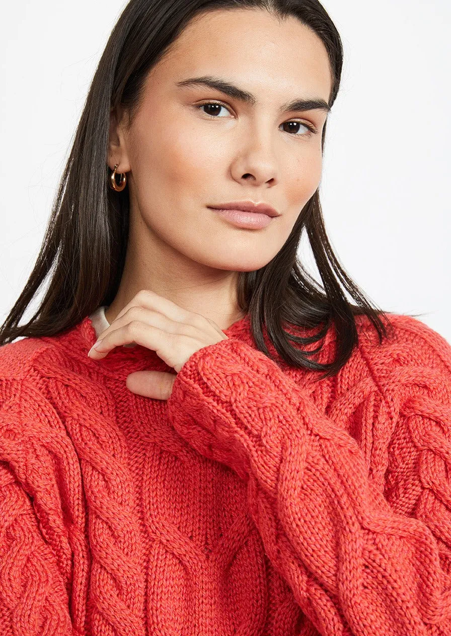 Listowel Ladies Aran Cabled Sweater | Coral