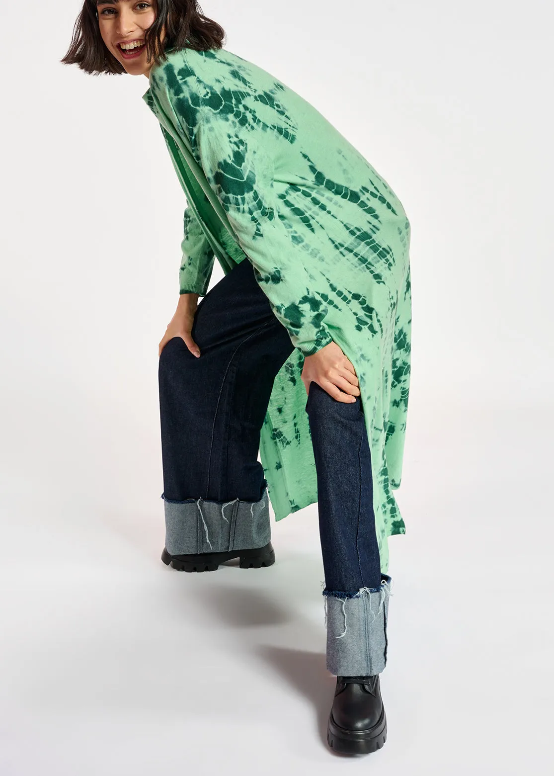 Long mint green and dark green tie-dye cardigan