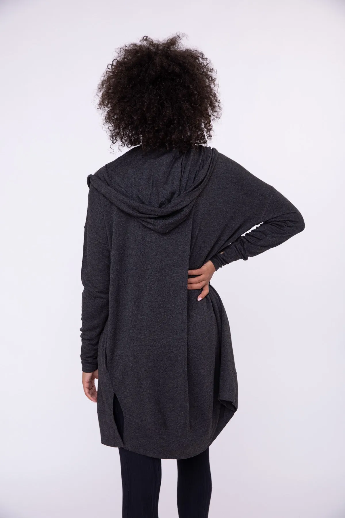 Longline Hooded Cardigan with Pockets - Black