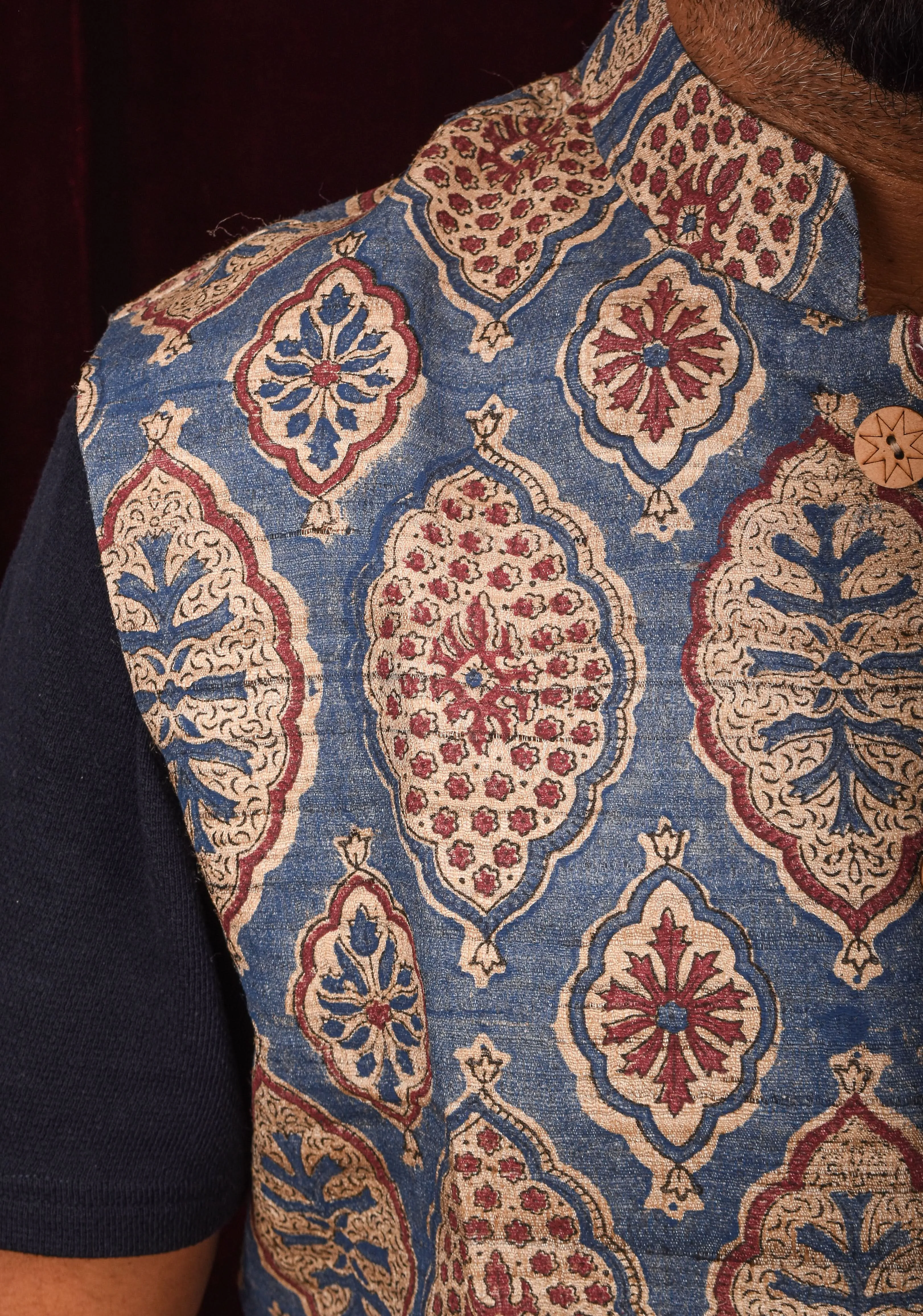 Men's Ghicha Tussar Silk Nehru Jacket in Blue with Mandarin Collar and HandBlock Ajrakh Designs