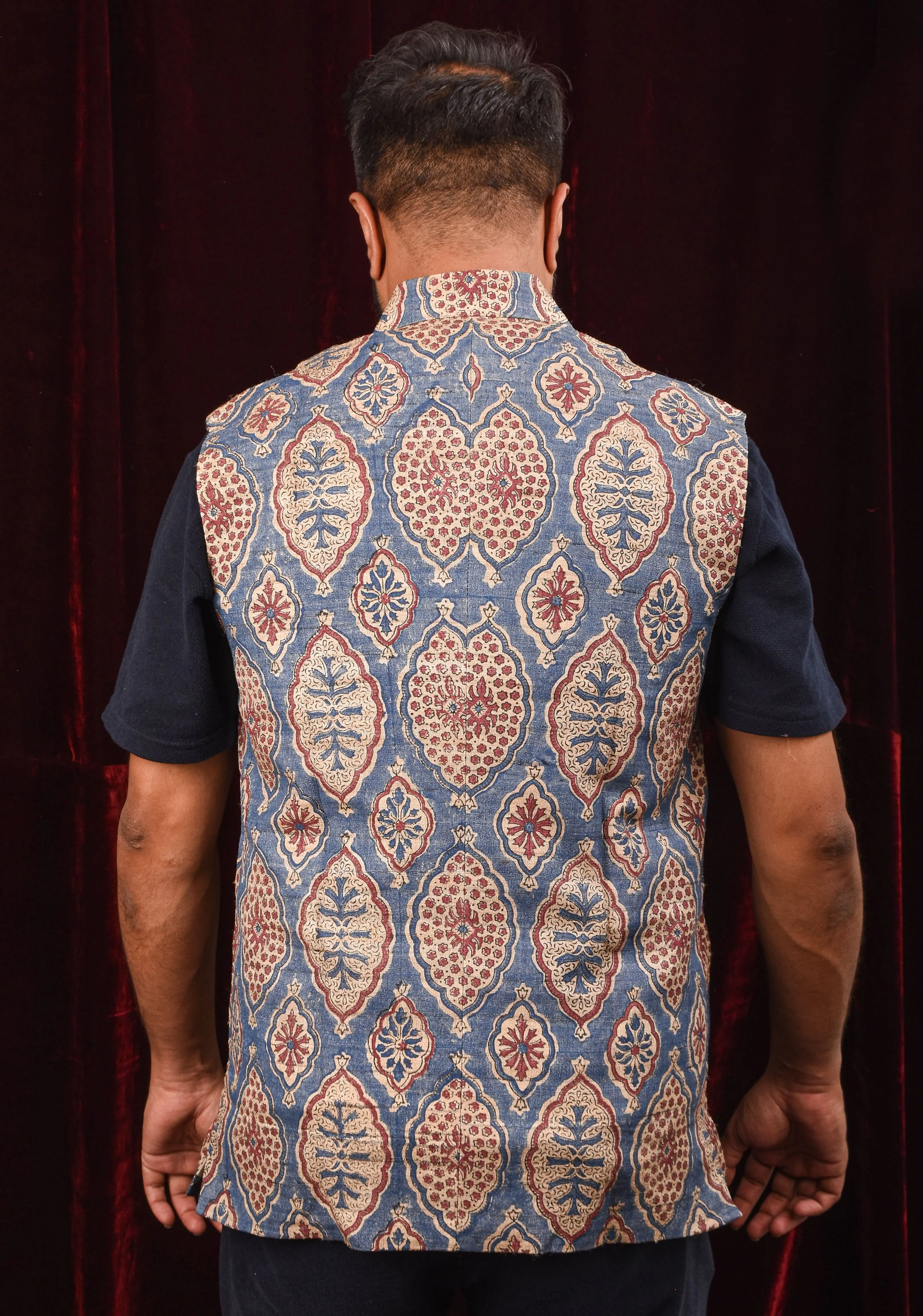 Men's Ghicha Tussar Silk Nehru Jacket in Blue with Mandarin Collar and HandBlock Ajrakh Designs