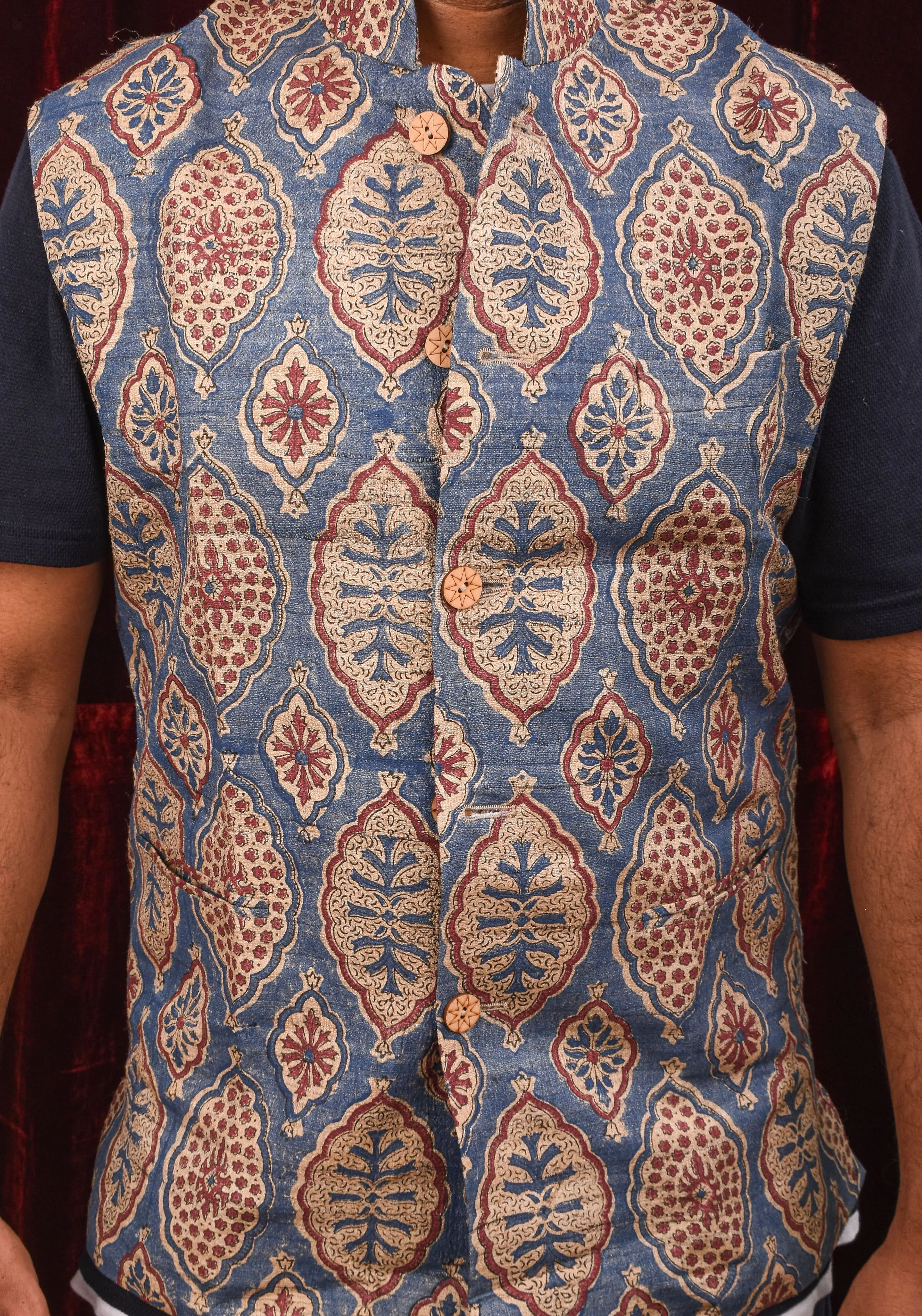 Men's Ghicha Tussar Silk Nehru Jacket in Blue with Mandarin Collar and HandBlock Ajrakh Designs