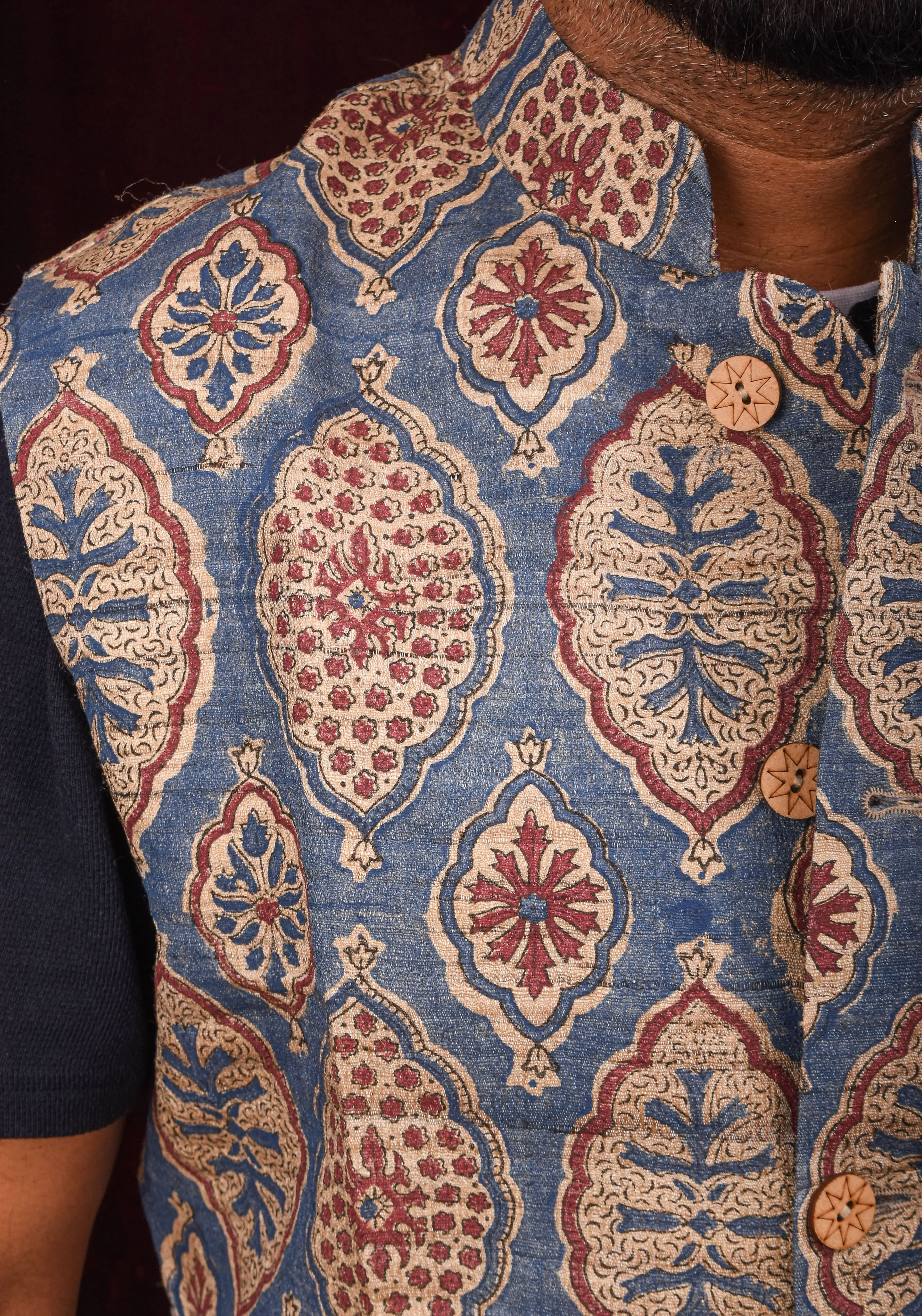 Men's Ghicha Tussar Silk Nehru Jacket in Blue with Mandarin Collar and HandBlock Ajrakh Designs