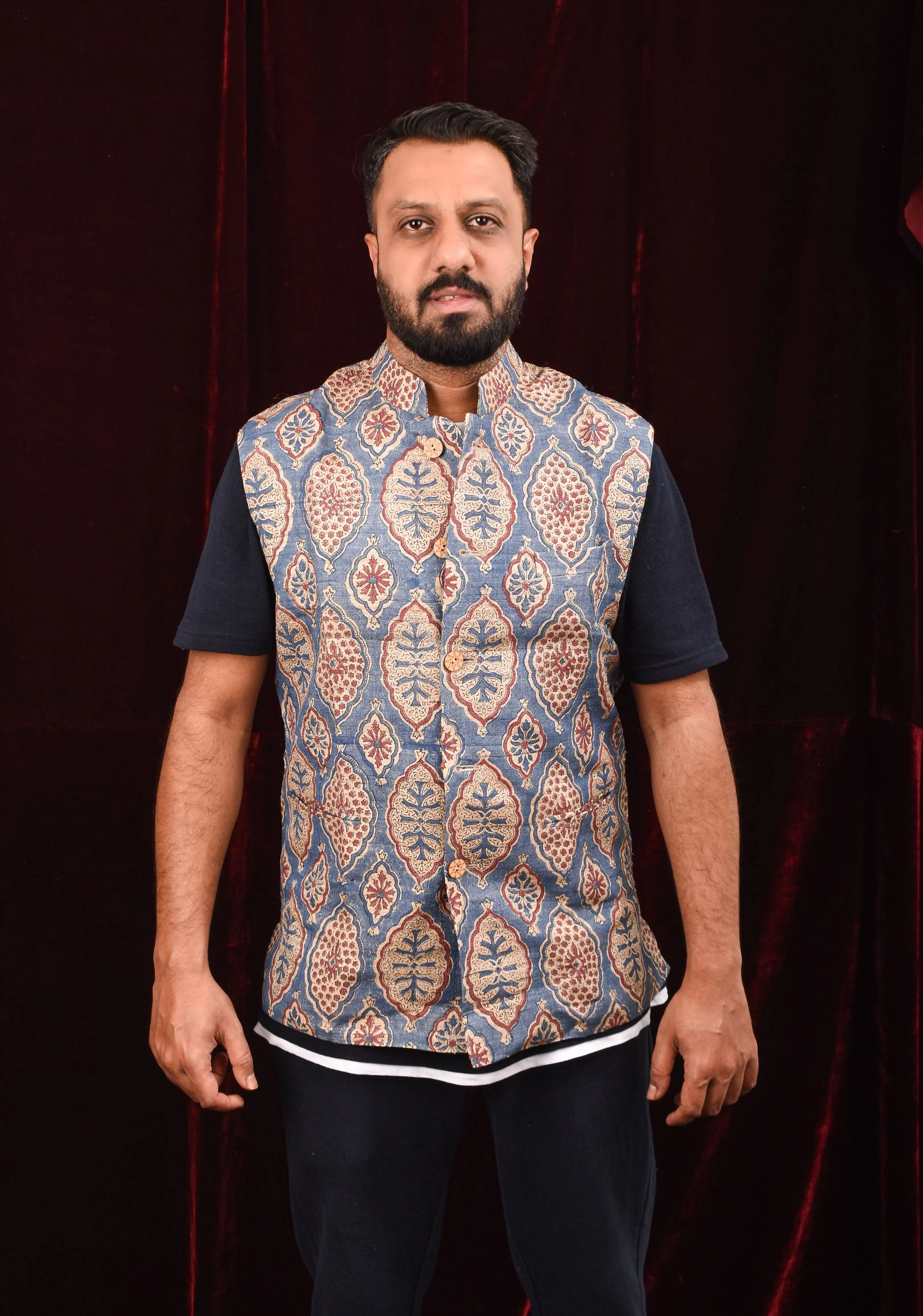 Men's Ghicha Tussar Silk Nehru Jacket in Blue with Mandarin Collar and HandBlock Ajrakh Designs