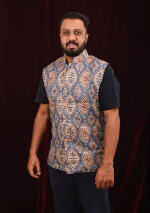 Men's Ghicha Tussar Silk Nehru Jacket in Blue with Mandarin Collar and HandBlock Ajrakh Designs