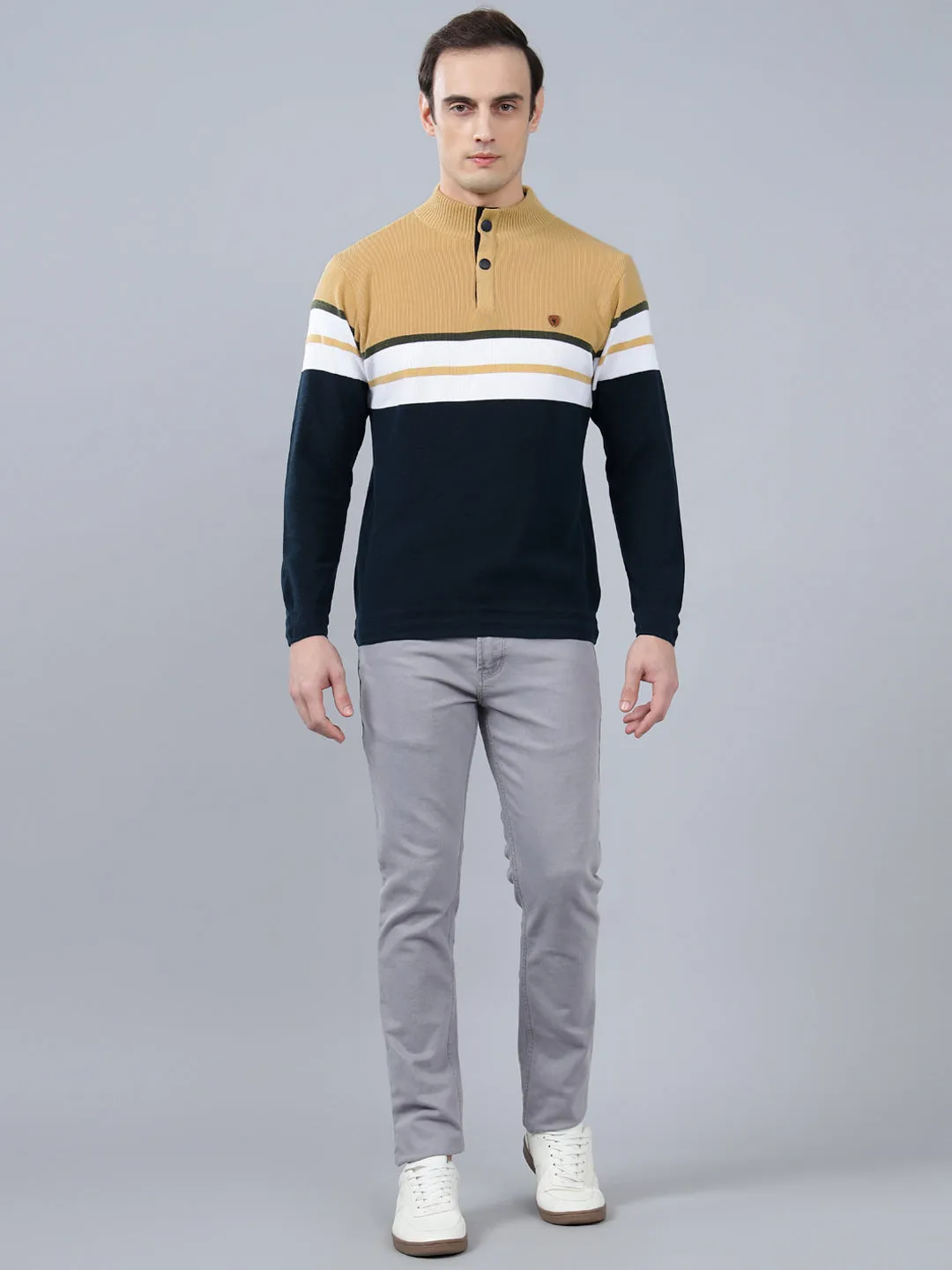 Men's Mustard Striped Full Sleeve Sweater