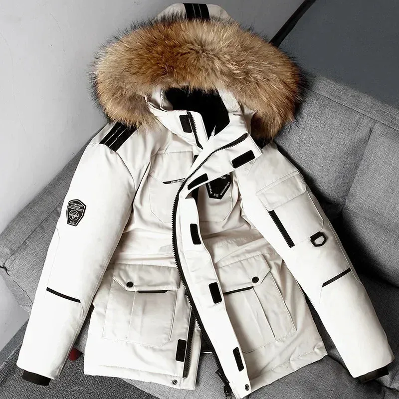 Men's Winter Down Jacket 90% White Duck Down Parkas Coat Mid-Length Fur Collar -30 Degrees