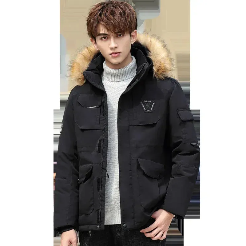 Men's Winter Down Jacket 90% White Duck Down Parkas Coat Mid-Length Fur Collar -30 Degrees