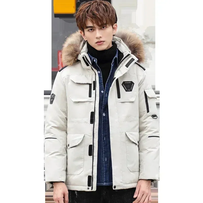 Men's Winter Down Jacket 90% White Duck Down Parkas Coat Mid-Length Fur Collar -30 Degrees