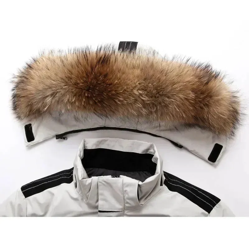 Men's Winter Down Jacket 90% White Duck Down Parkas Coat Mid-Length Fur Collar -30 Degrees