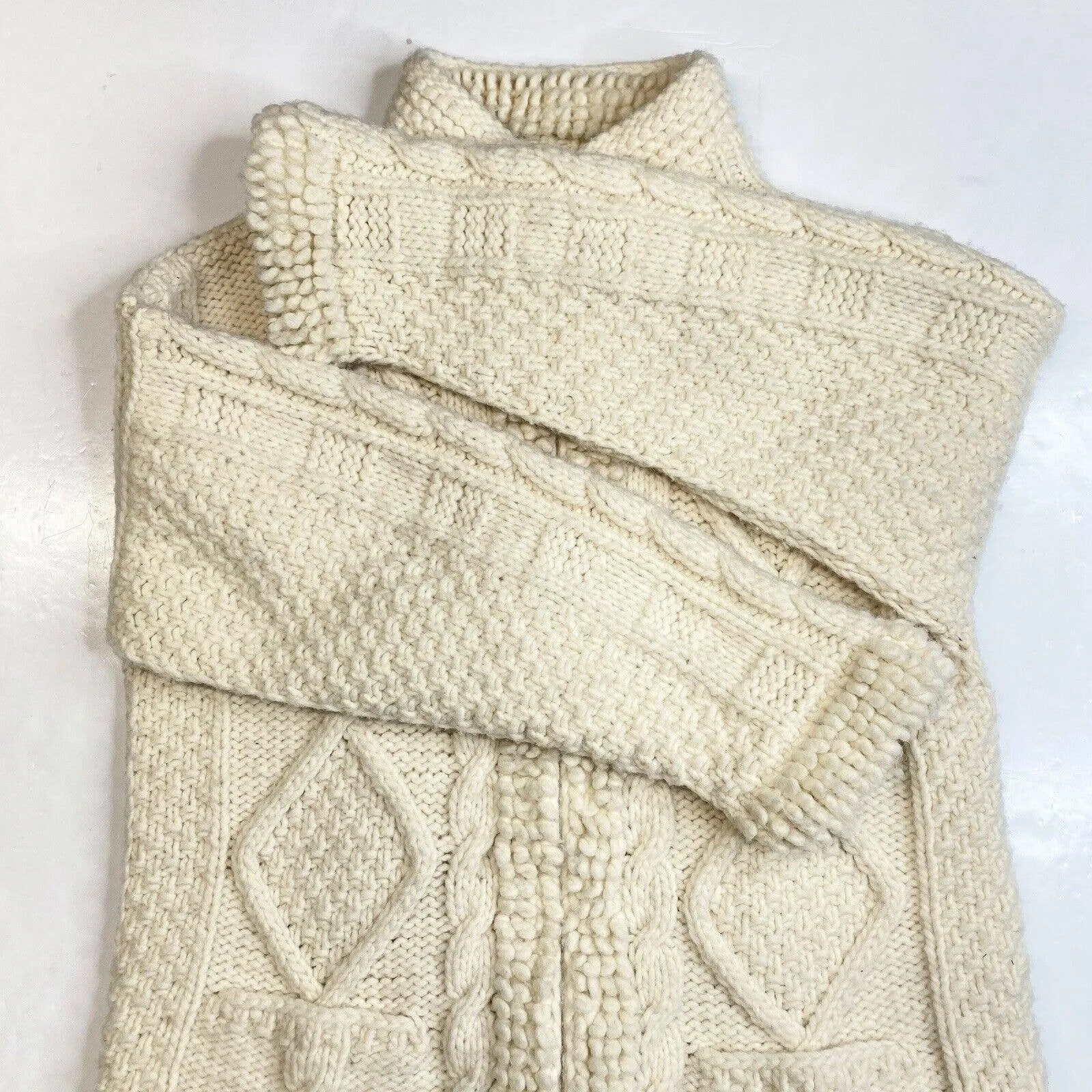 Mundo Color Wool Blend Cable Knit Cardigan L/XL Beige Full Zip Chunky Sweater