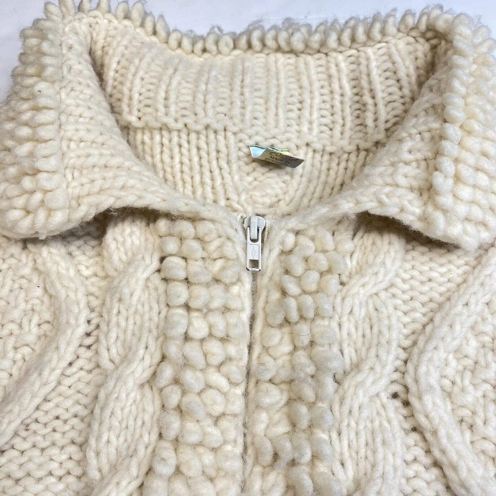 Mundo Color Wool Blend Cable Knit Cardigan L/XL Beige Full Zip Chunky Sweater