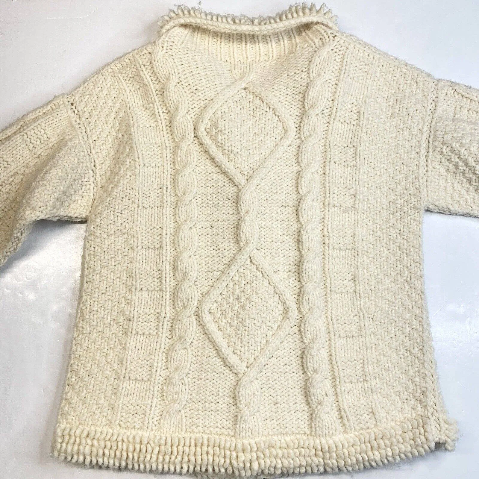 Mundo Color Wool Blend Cable Knit Cardigan L/XL Beige Full Zip Chunky Sweater